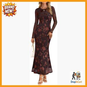Floral Velvet Maxi Dress Long Sleeve Bodycon Elegant Cocktail Formal Party Wear